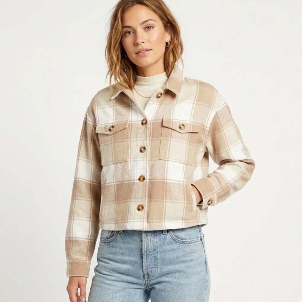 ABLE Cropped Shacket Womens Tan White Plaid Button Front Cotton Boho Med ($158(